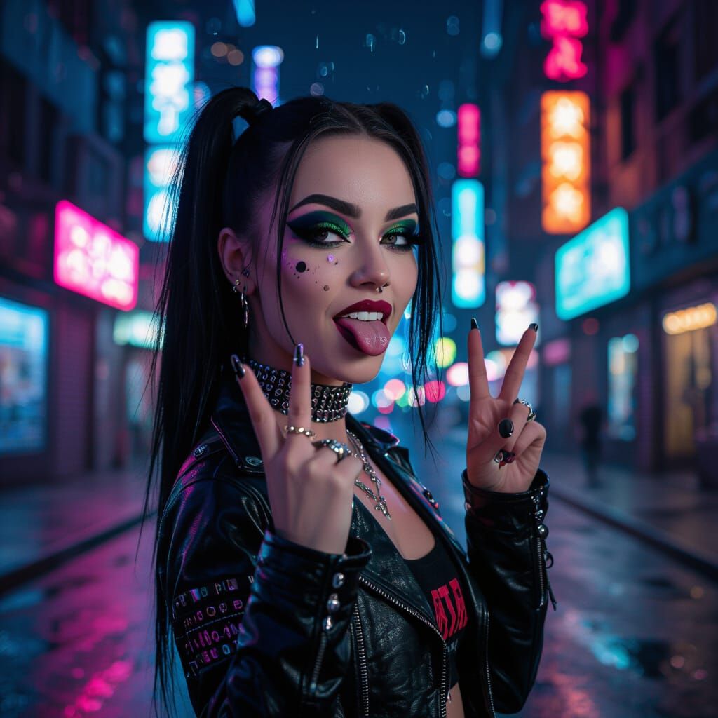 Cheeky Emo Girl Winks in Futuristic Cyberpunk City