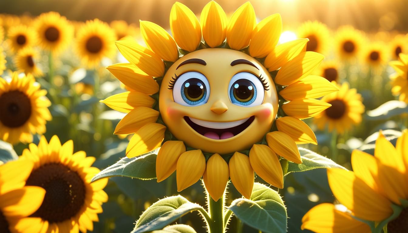 Smiling Sunflower Character in a Sunny Meadow