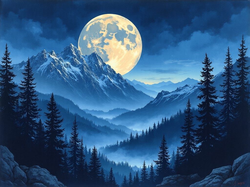 Midnight Moon Over Mountain Forest in Vivid Japanese Ink Sty...