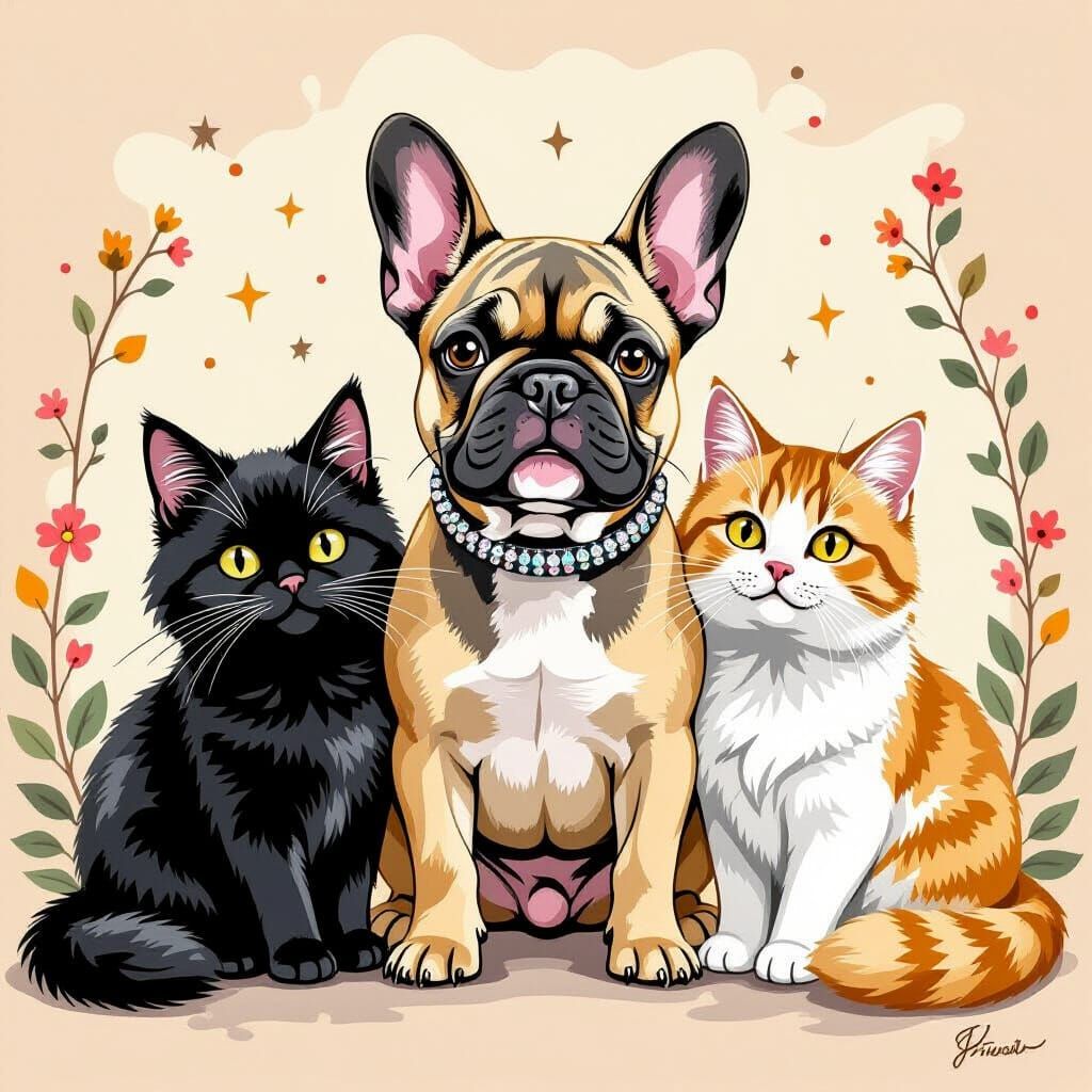 French Bulldog with Cats in Whimsical Watercolor Style