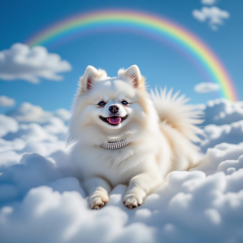 Adorable Pomeranian in Heaven on Rainbow