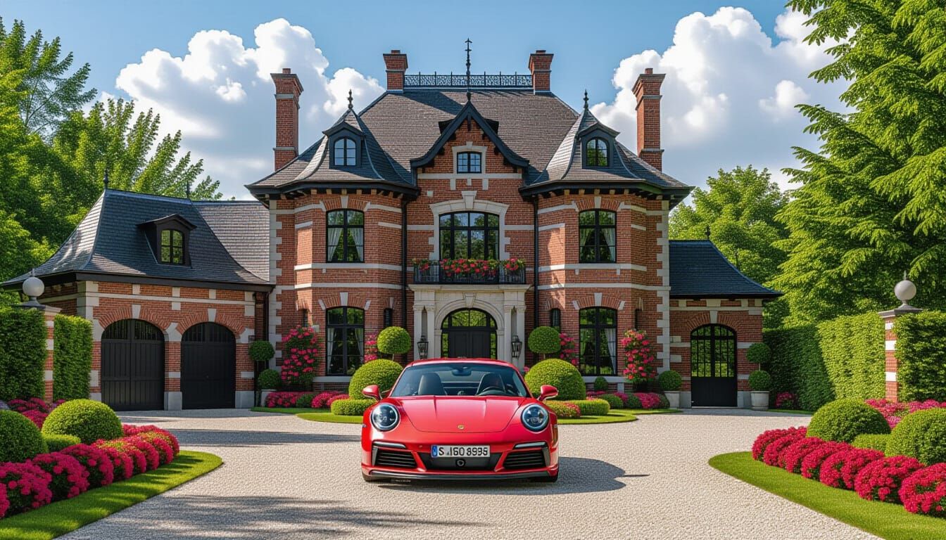 Victorian Chateau with Red Porsche 911