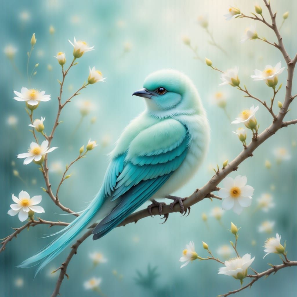 Ethereal Turquoise Bird on Branch in Dreamy Light
