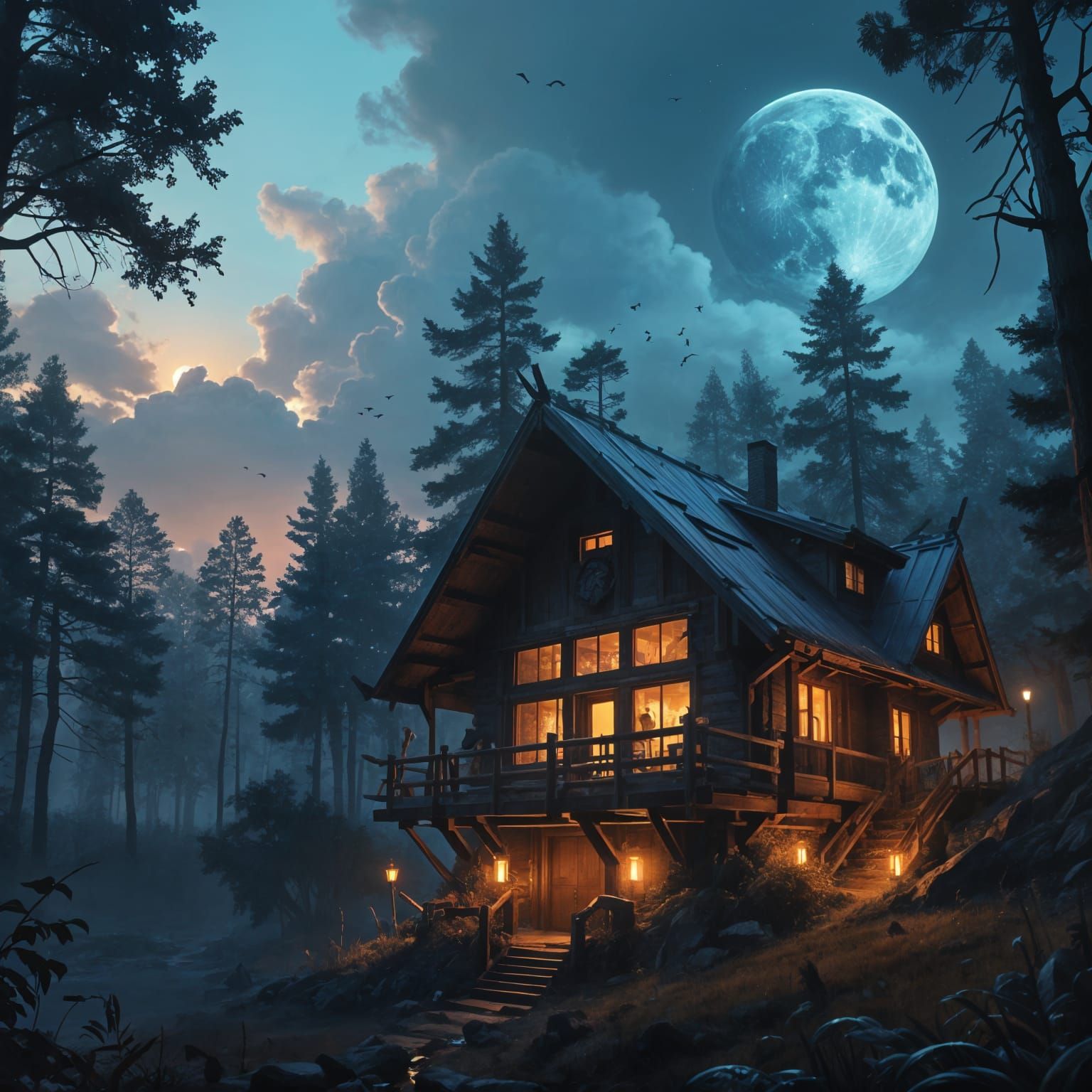 Majestic Forest Cabin at Dawn and Dusk