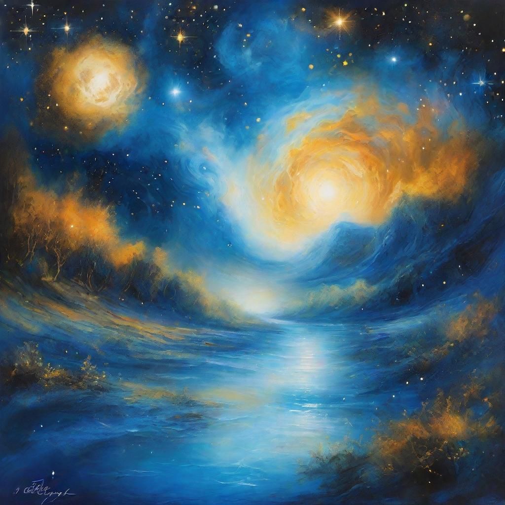 Magical Earth Floating in Galaxy, Gouache on Canvas