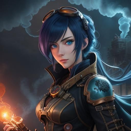 Steampunk Anime Girl with Blue Eyes, Digital Painting