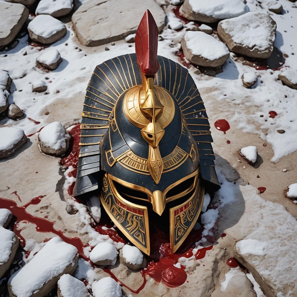 Pharaoh Helmet on Snowy Rocks with Blood