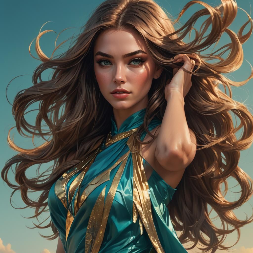 Teal Dress Portrait in Digital Art Style