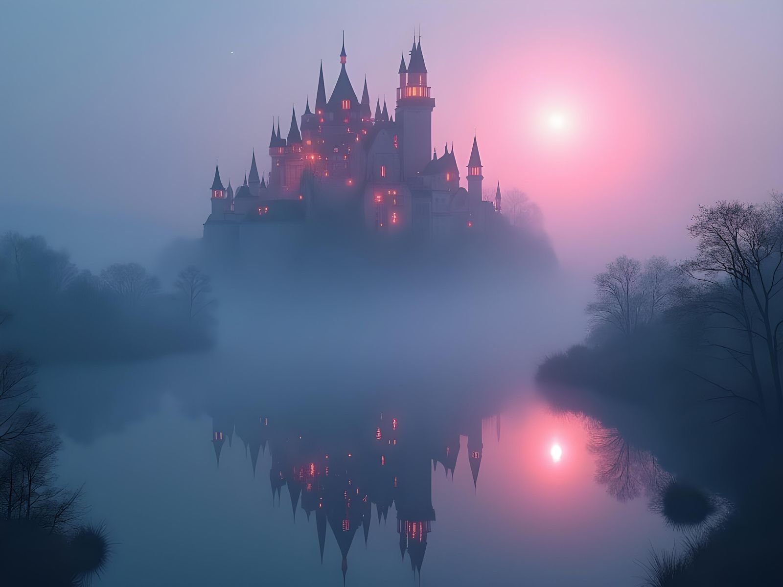Floating Medieval City in Neon Twilight Fog