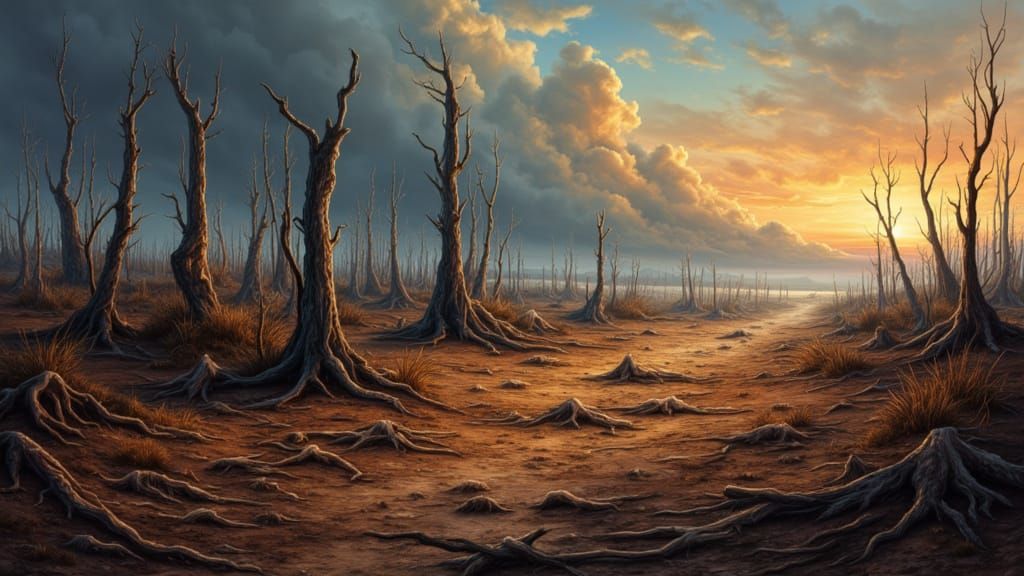 Barren wasteland with charred tree
