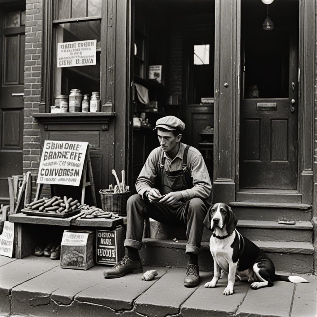 NYC Tenement Teenager with Basset Hound, Great Depression Er...