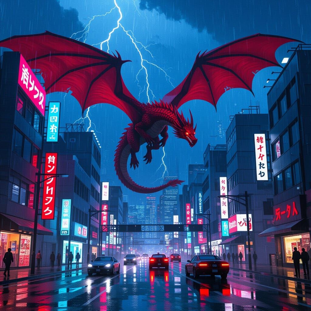 Red Dragon Soaring Over Neo Tokyo: Cyberpunk Style