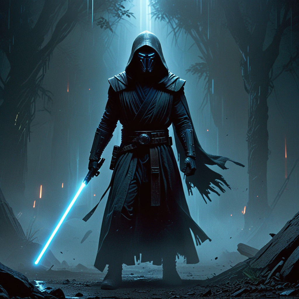 Heroic Faceless Jedi Knight in Cyberpunk Style