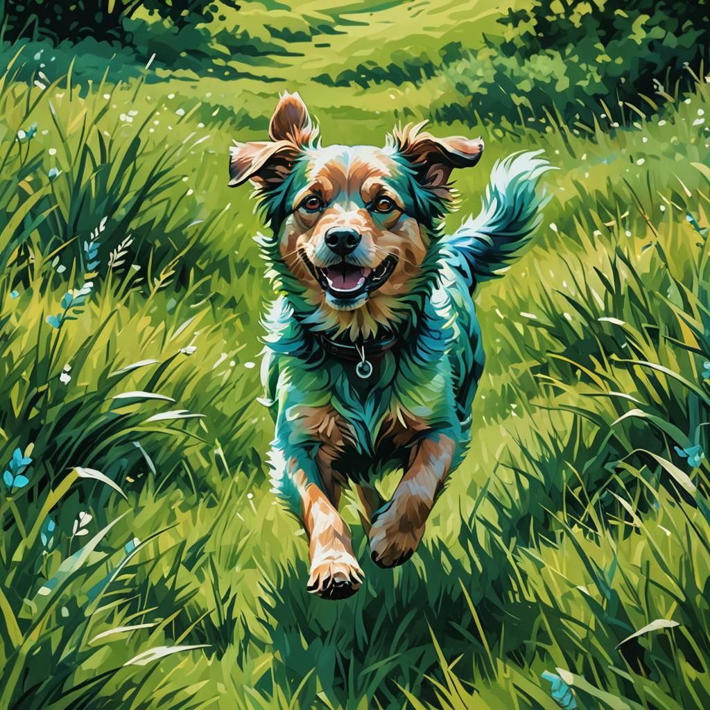 Dog Running in Meadow: Vibrant Pop Art Style