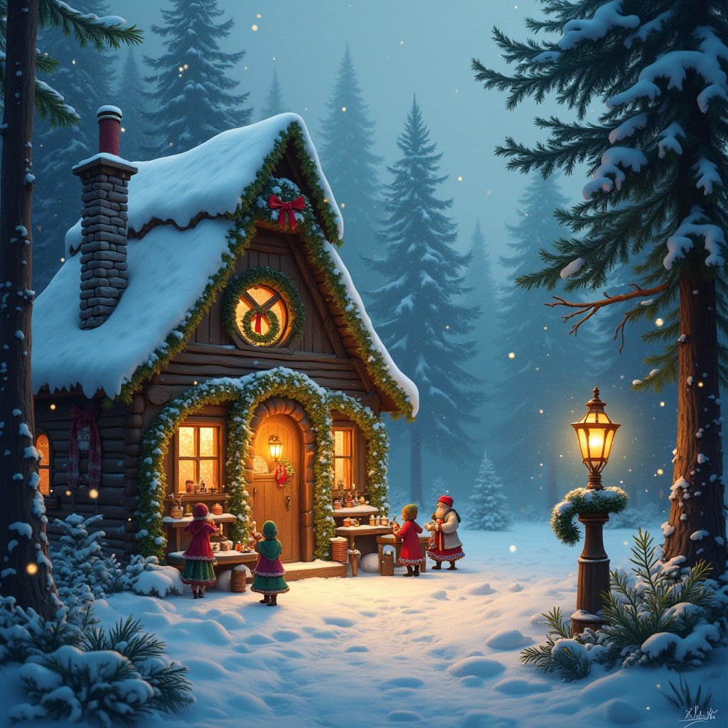 Enchanted Santa's Workshop in Winter Forest