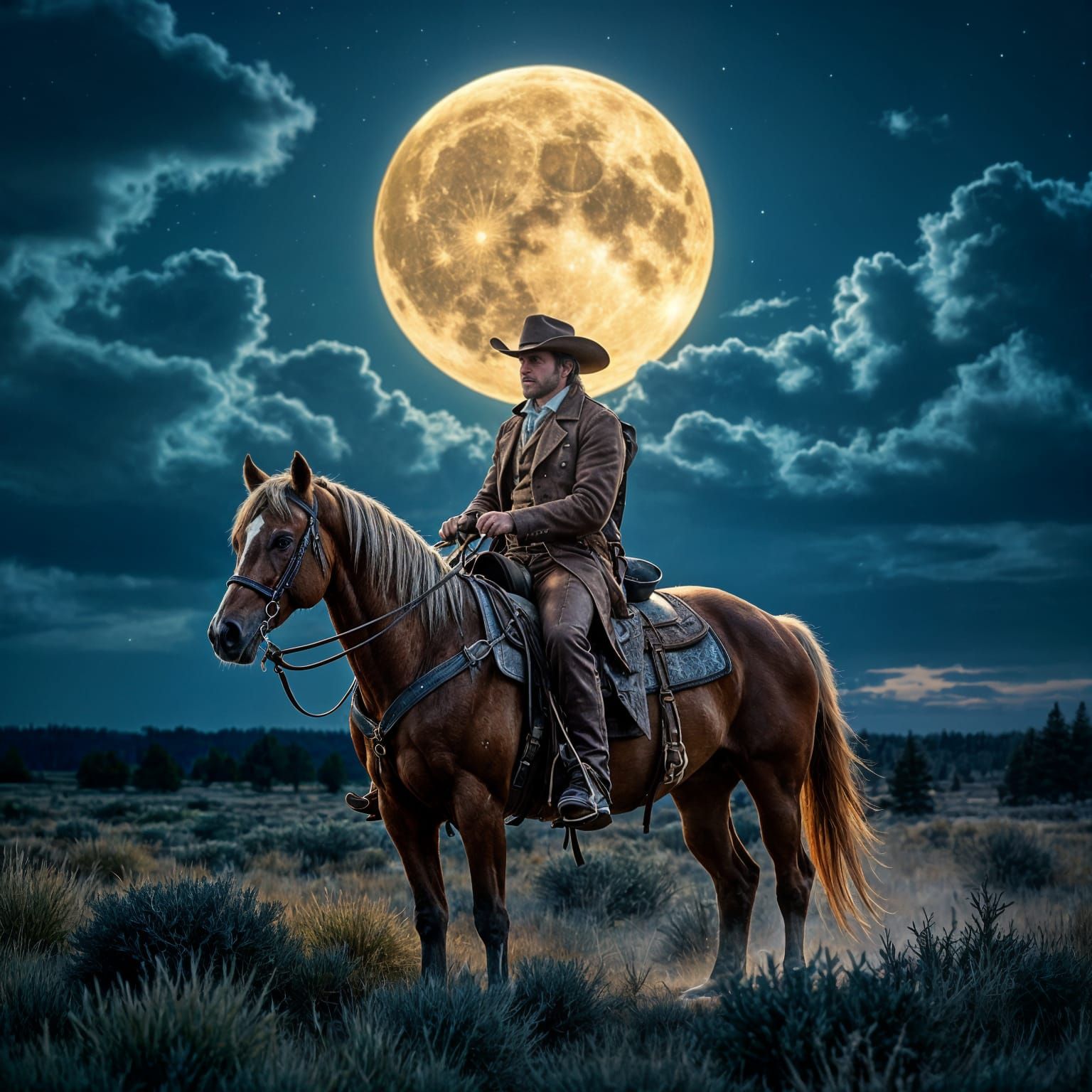 Cowboy and Mare Under Moonlight in Nebraska Wilderness