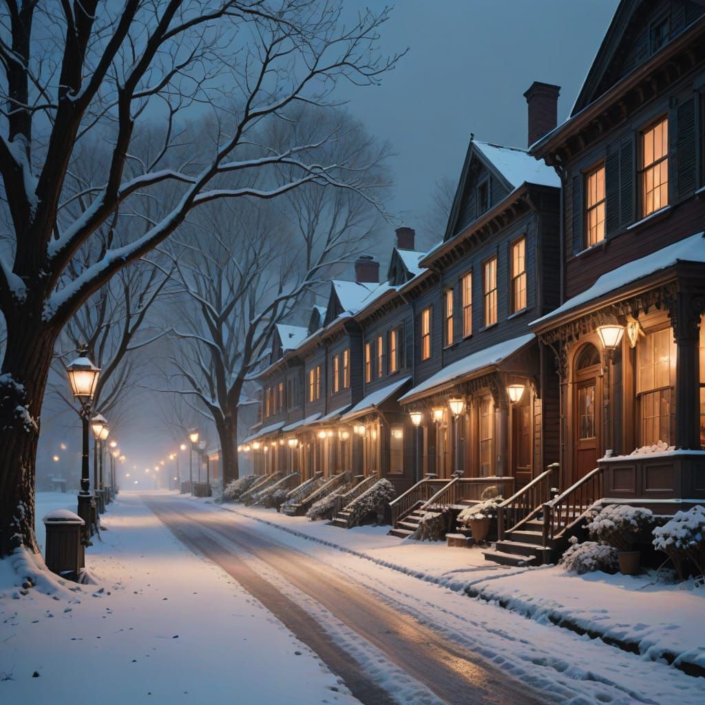 Whimsical New England Houses Under Snowy Moonlight