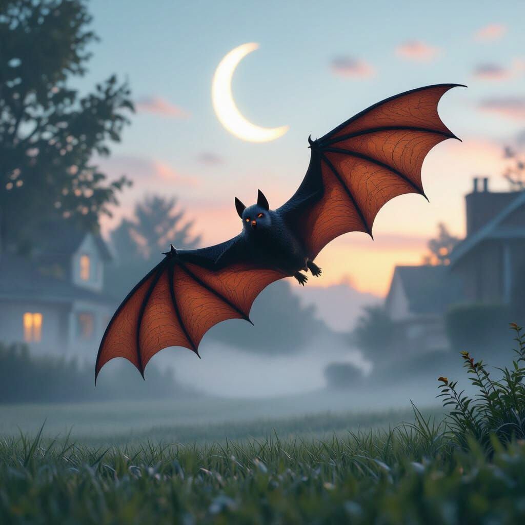 Bat Soaring Over Misty Lawn at Twilight in Digital Art Style