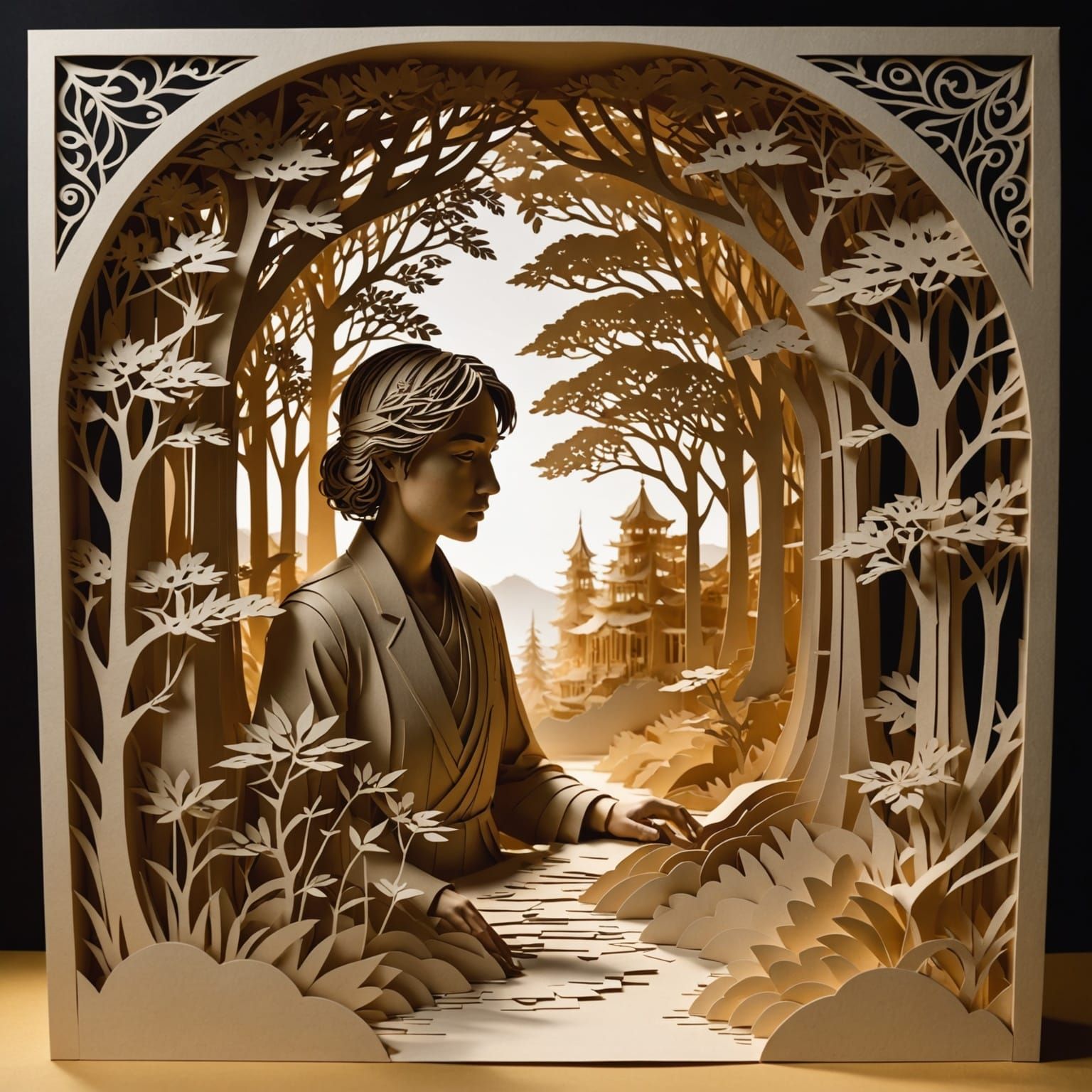 Intricate Kirigami Art in Double Exposure Style