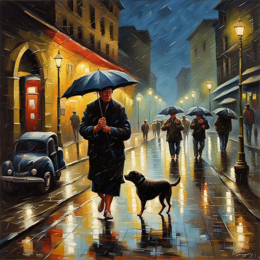 Rainy City Street at Night as Oil Painting