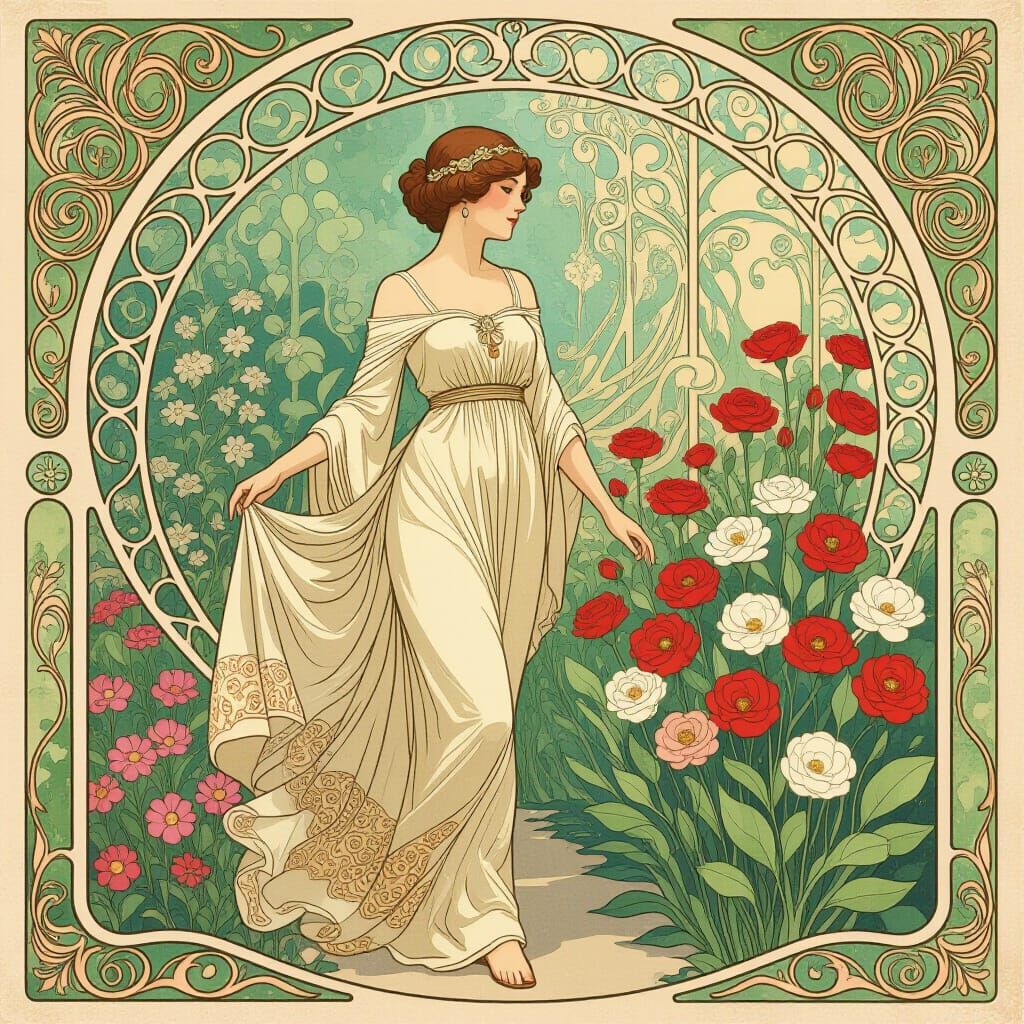 Elegant Woman in Garden, Art Nouveau Style