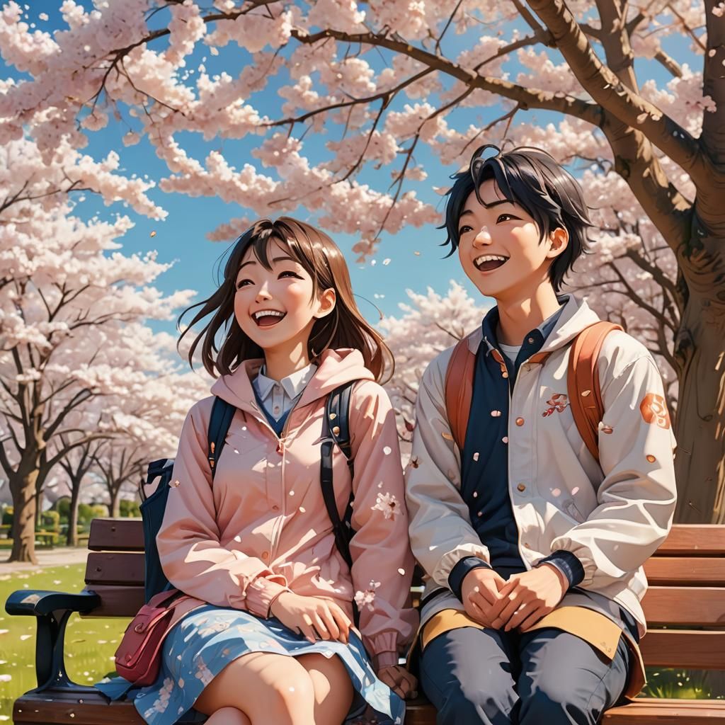 Sakura Blossoms Dance Around Asian Teens in Vibrant Anime St...