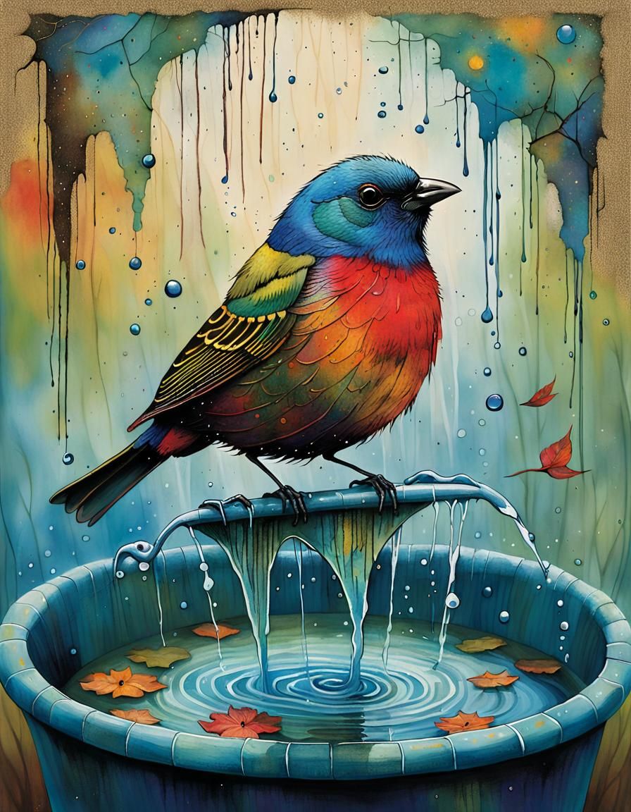 Painted Bunting Bird Bath in Neo-Expressionist Style