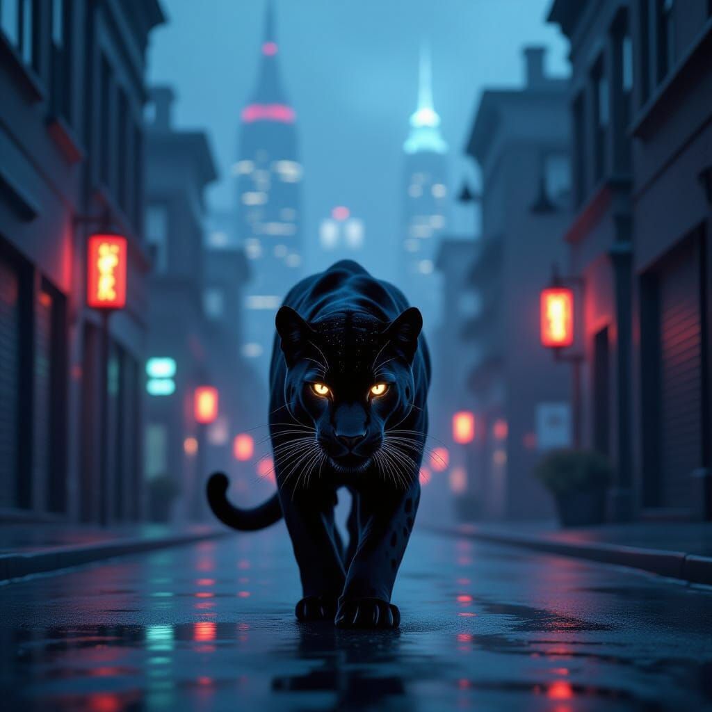 Mystical Panther in Foggy Neon Cityscape