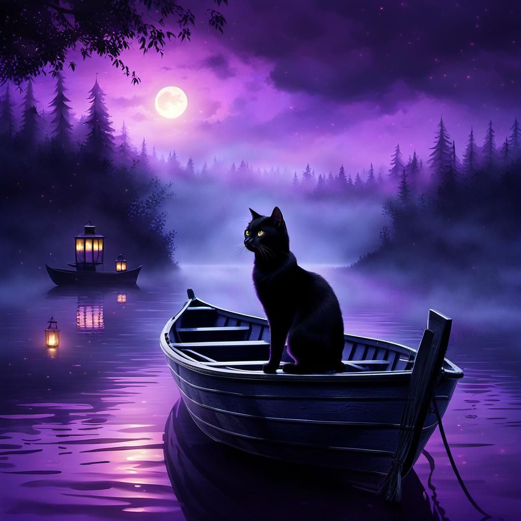 Black Cat on Misty Lake in Dark Fantasy Style