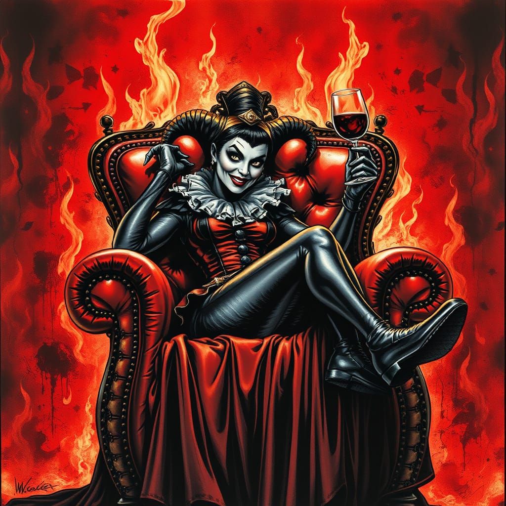 Menacing Jester Queen in Fiery Throne, Chiaroscuro Oil Paint...