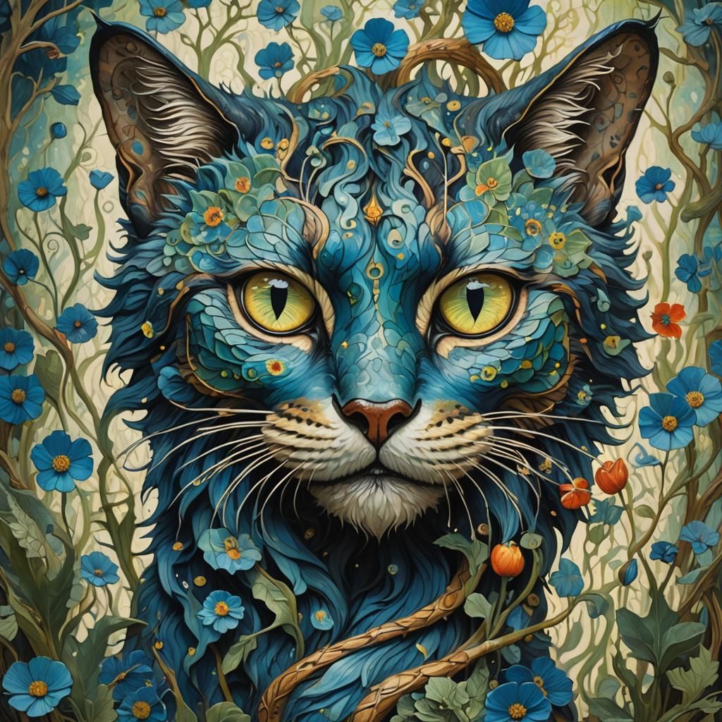 Surreal Serpent Cat Tattoo with Blue Poppy