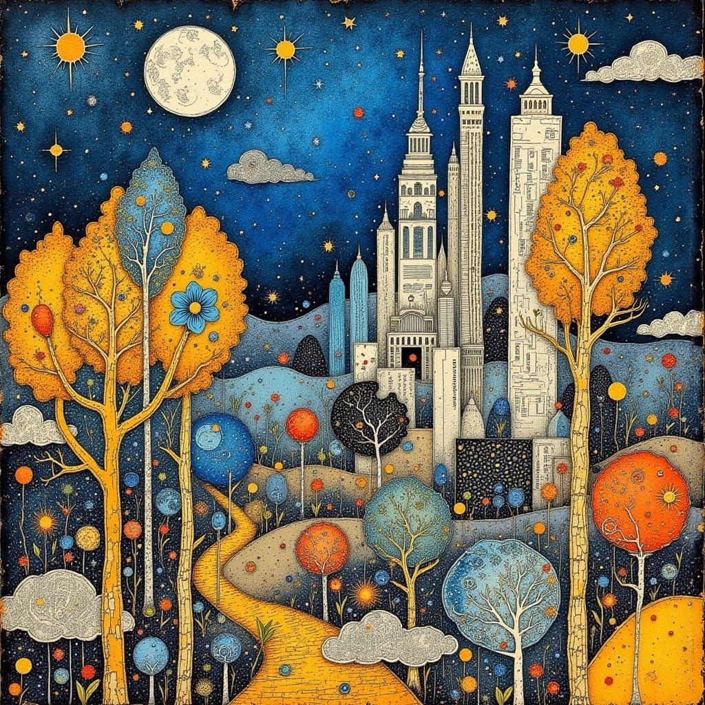 Whimsical Cityscape with Paper Collage Trees