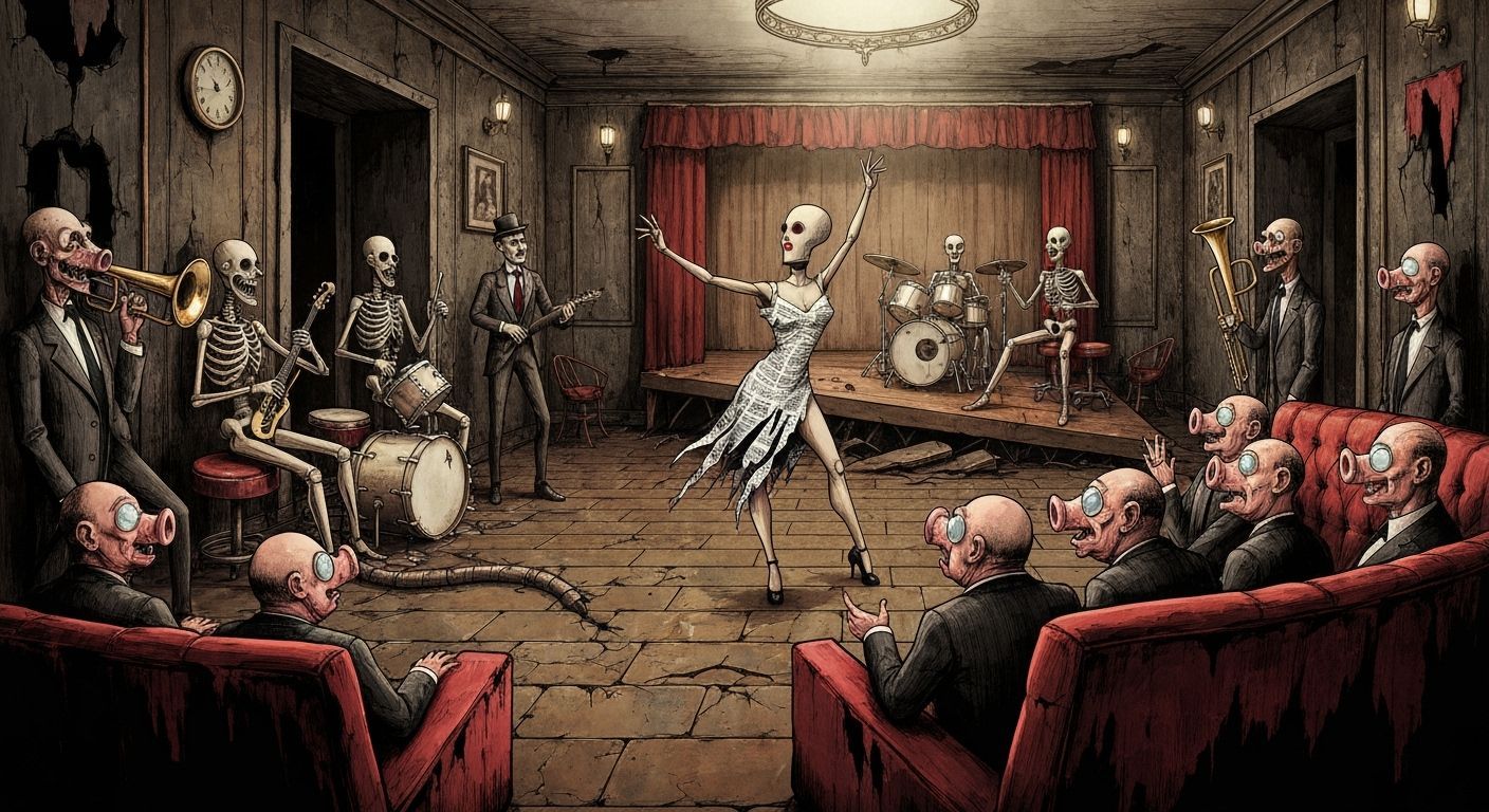 German Dada Satire: Skeletal Band in Decadent Cabaret