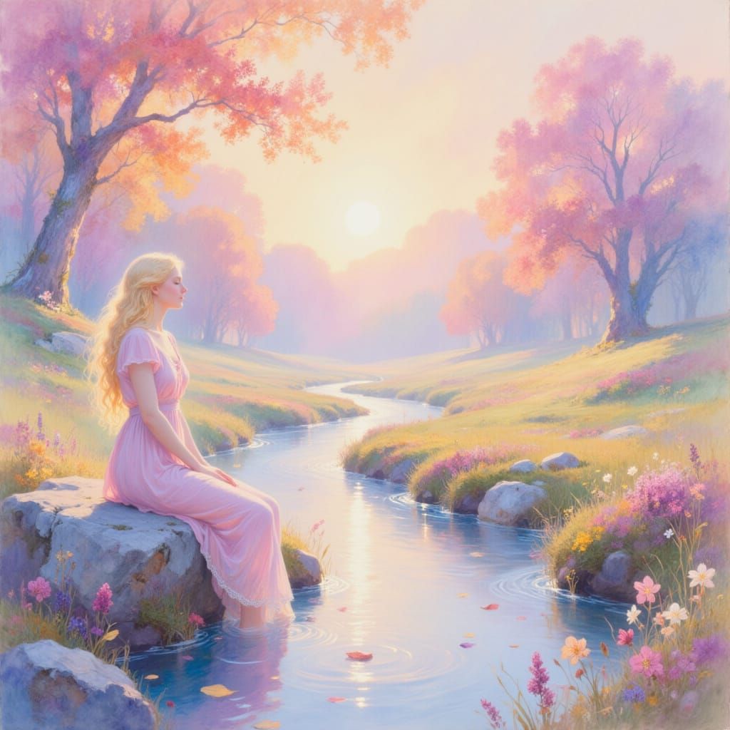Woman on Rock in Ethereal Pastel Landscape
