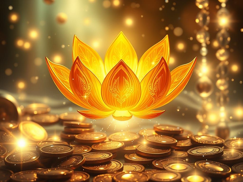 Ethereal Lotus Blooms Amidst Treasure in Shimmering Light