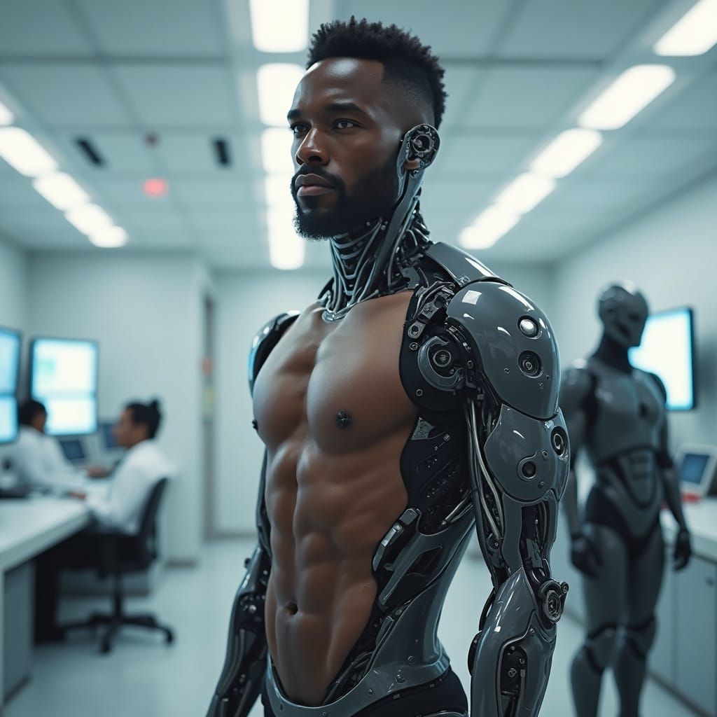 Cybernetic Man in High-Tech Lab, Photorealistic Style