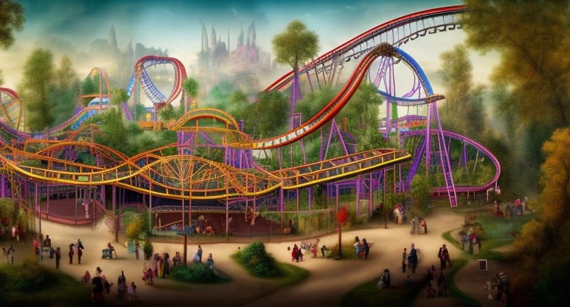 Eerie Amusement Park with Roller Coaster, Detailed Matte Pai...