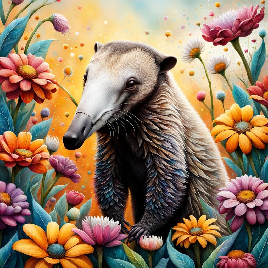 Anteater in a Surreal Floral Landscape, Realistic Art