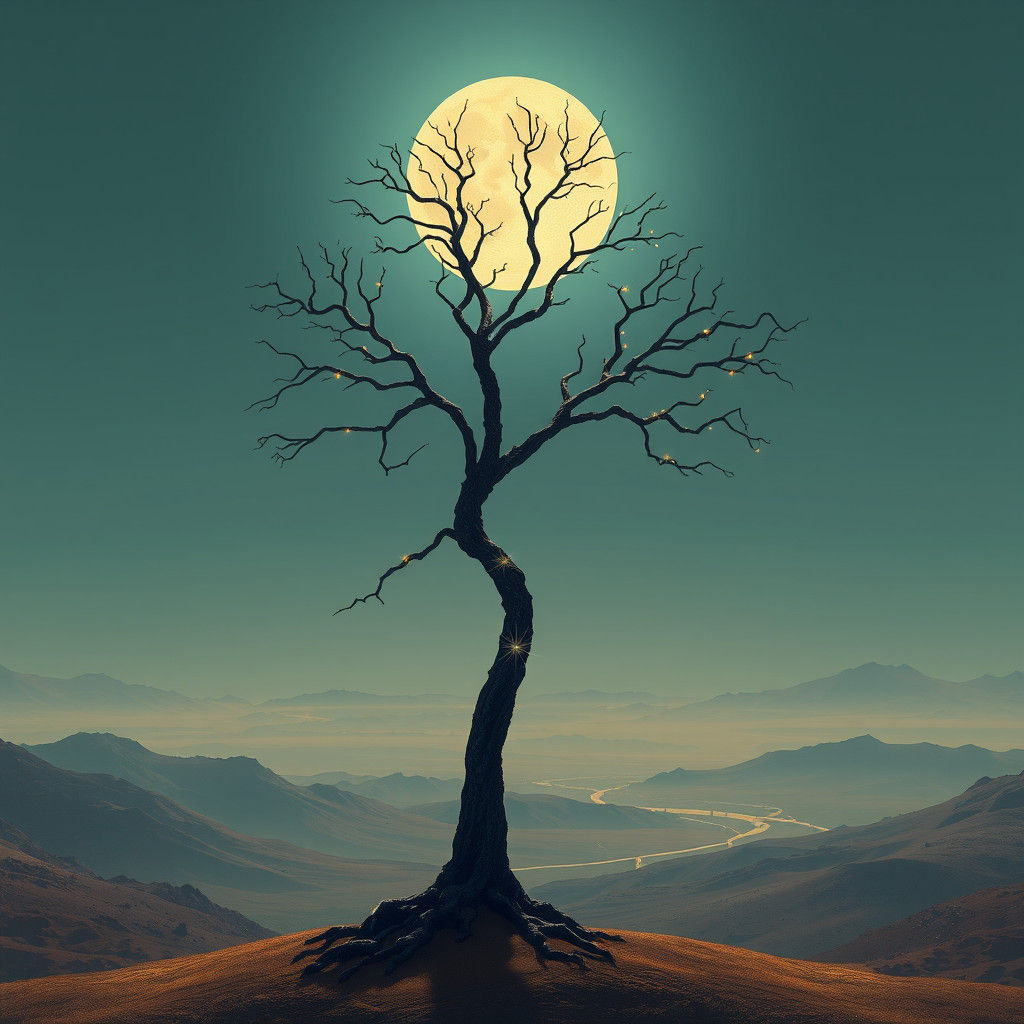 Alien Tree with Lights on Distant Planet