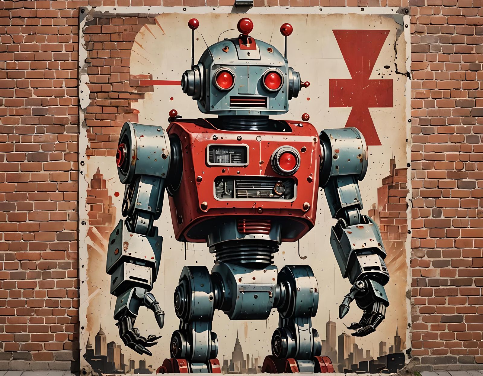 1950s Robot Propaganda Poster on Brick Wall