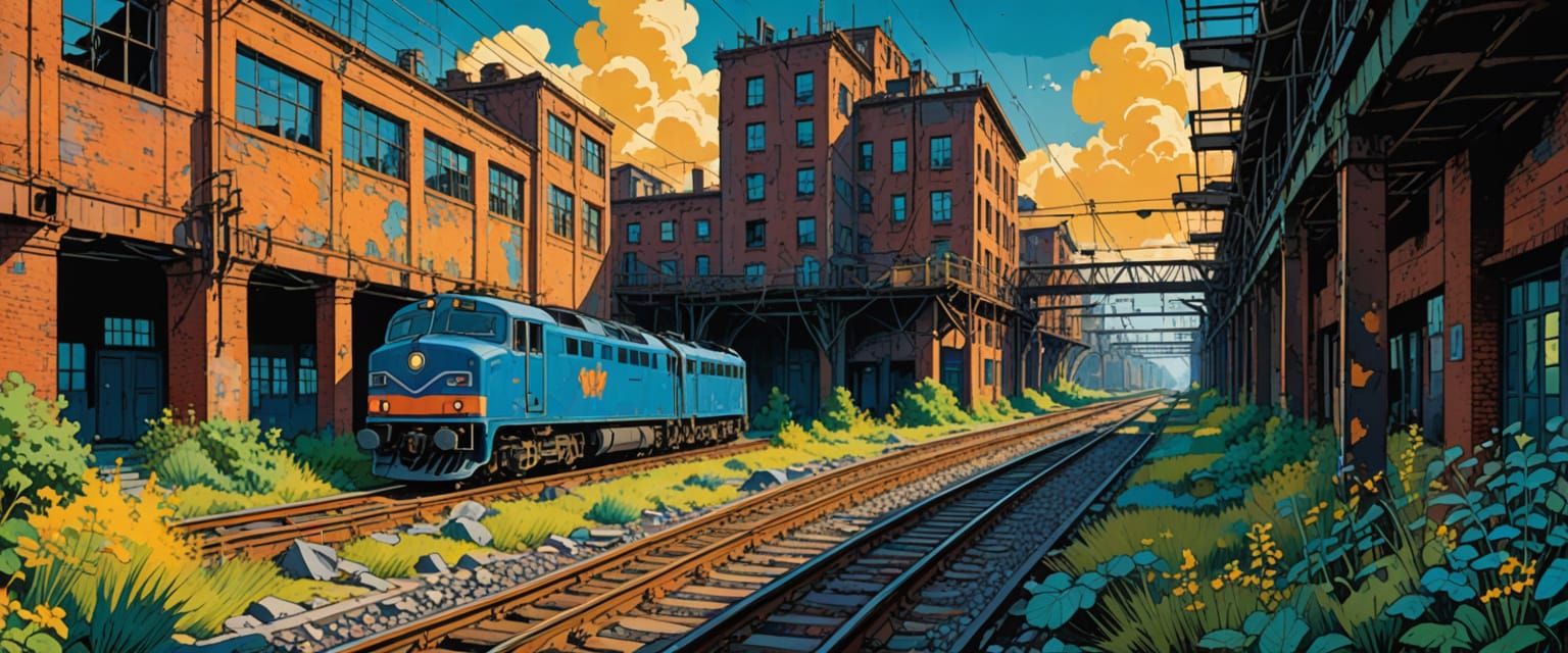 Comic Book Style Abandoned Factory with Graffiti