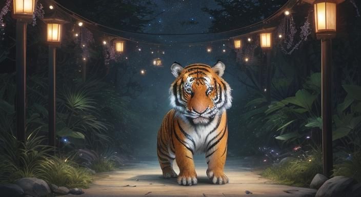 Luminescent Dragon Tiger in Starry Asian Forest