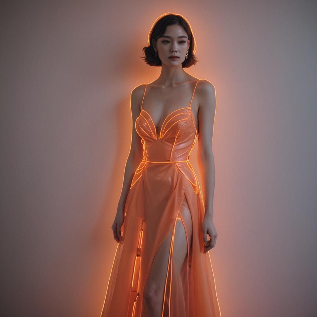 Neon Sign Art of Woman in Orange Gown
