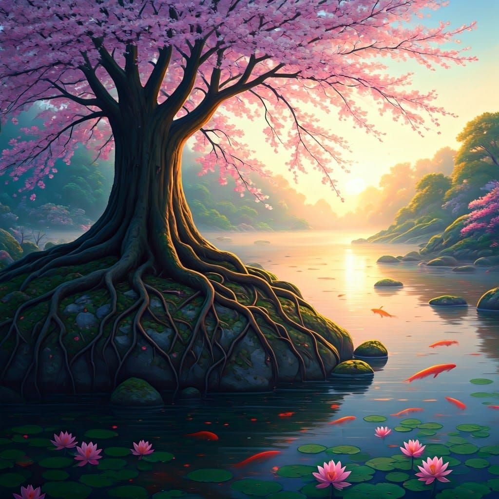 Cherry Blossom Tree with Lake and Morning Fog