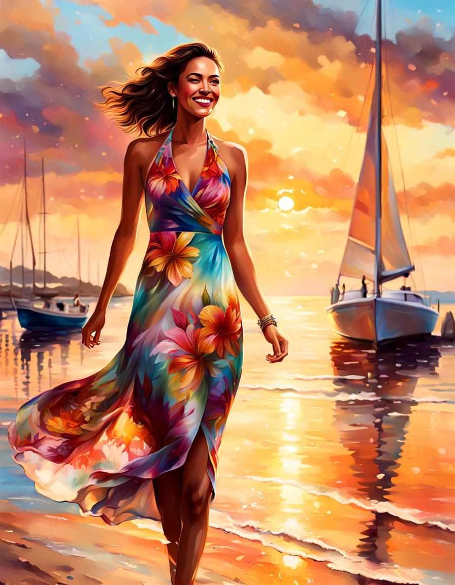 Woman in Floral Dress on Beach at Sunset