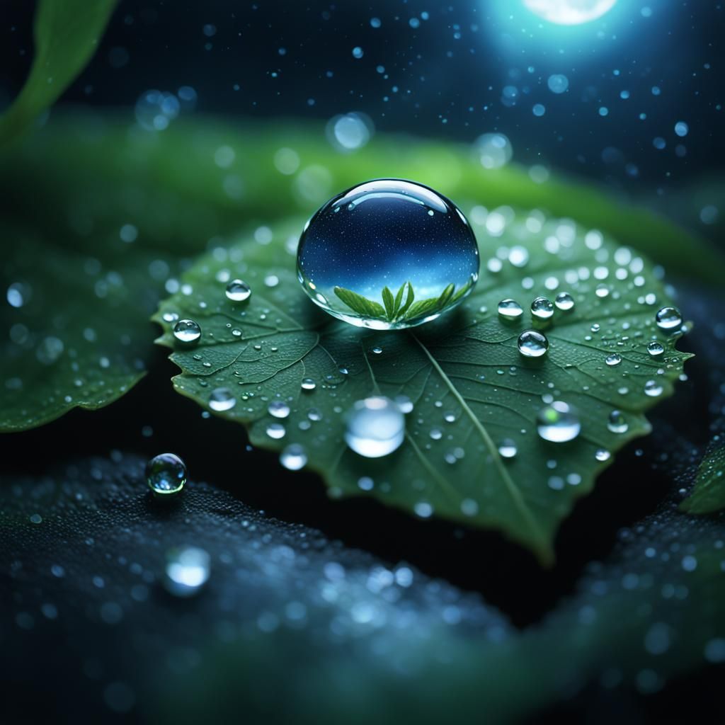 Ethereal Galaxy Falls on a Leaf in Moonlight