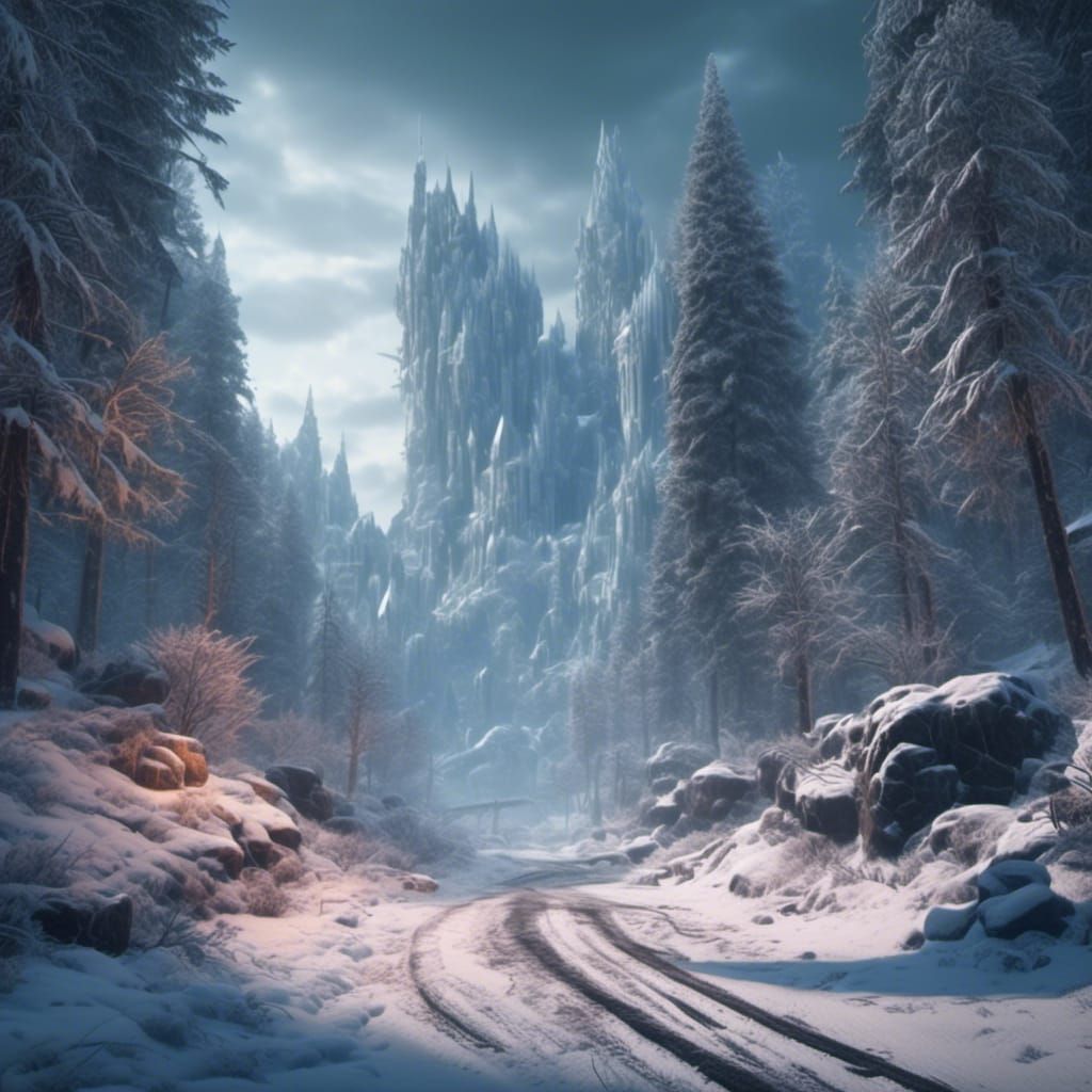 Frozen Road to Winter Forest in Dark Fantasy Style
