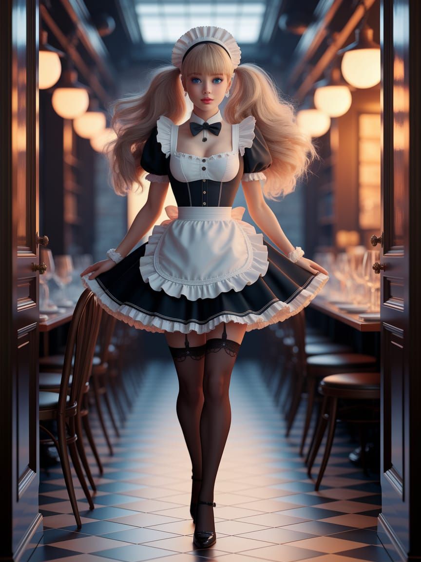 Cafe Maid Bombshell in a Bustling Cafe