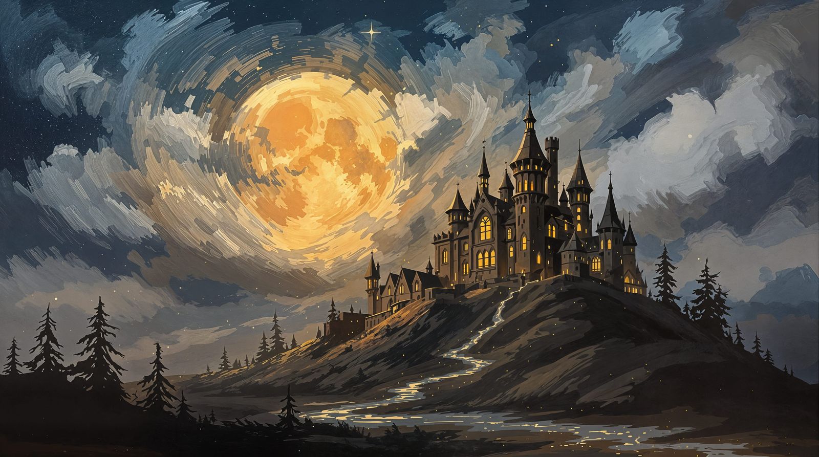 Dreamlike Manor Under Amber Moonlight in Impressionistic Sty...