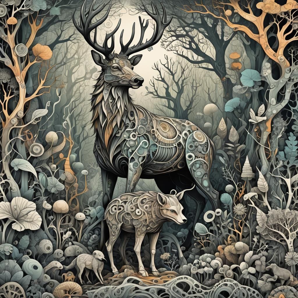 Psychedelic Mechanical Forest with Abstract Elements